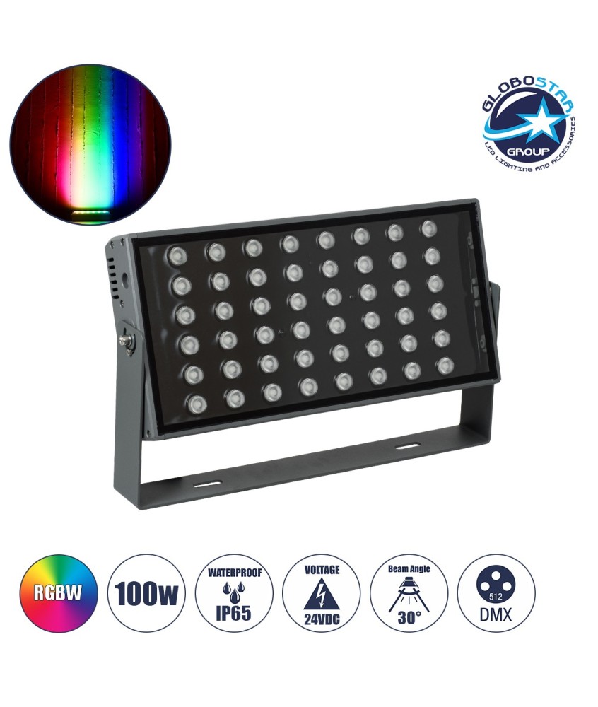 GLOBOSTAR® FLOODZANA 90559 Προβολέας Σποτ Wall Washer LED 100W 8000lm 30° DC 24V Αδιάβροχο IP65 Πολύχρωμο RGBW Dimmable DMX512 - Bridgelux SMD Chip - Γκρι Ανθρακί - Μ45.5 x Π28 x Υ10cm - 3 Χρόνια Εγγύηση